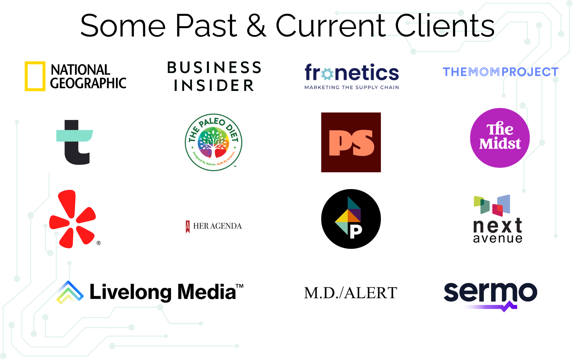 a list of logos of past and current clients including Yelp, National Geographic, and Livelong Media