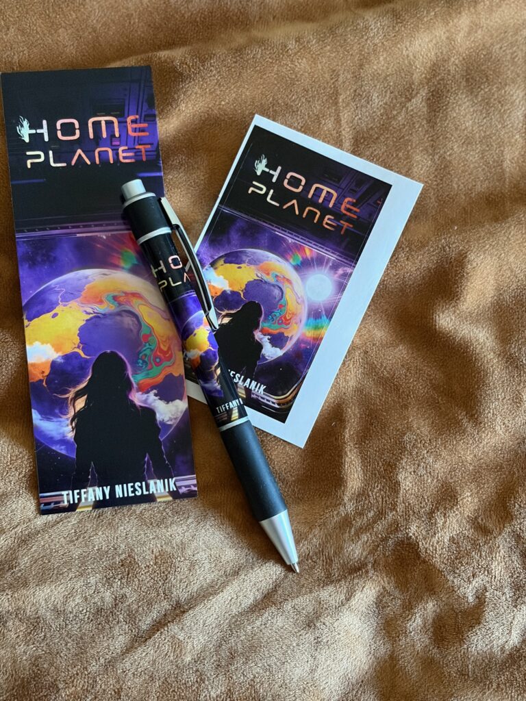 Home Planet bookmark, sticker, and pen swag set
